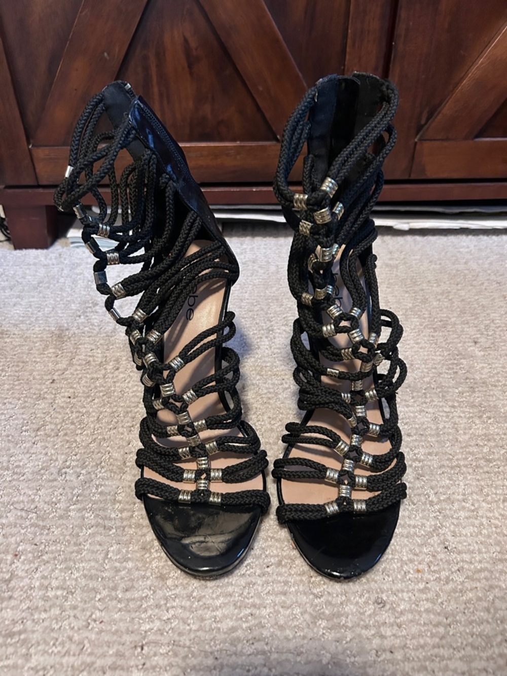 Bebe Black Strappy Cage Heels w/ Metallic Rope Detail – Size 9